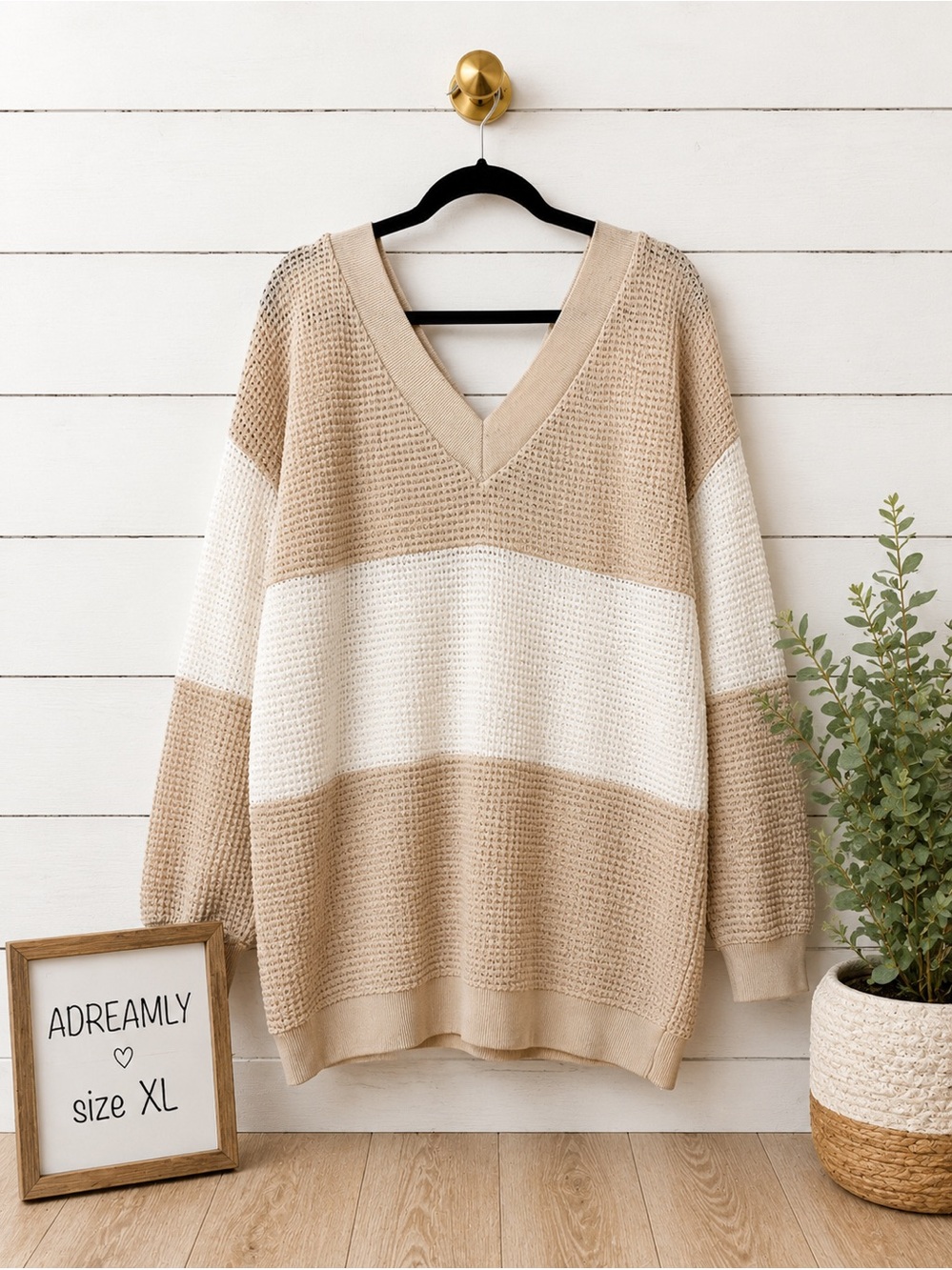 🤍 Waffle Knit Color Block V-Neck Sweater XL Cozy Neutral Beige Cream